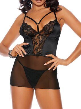 Black Lace Mesh Chemise G-String Set